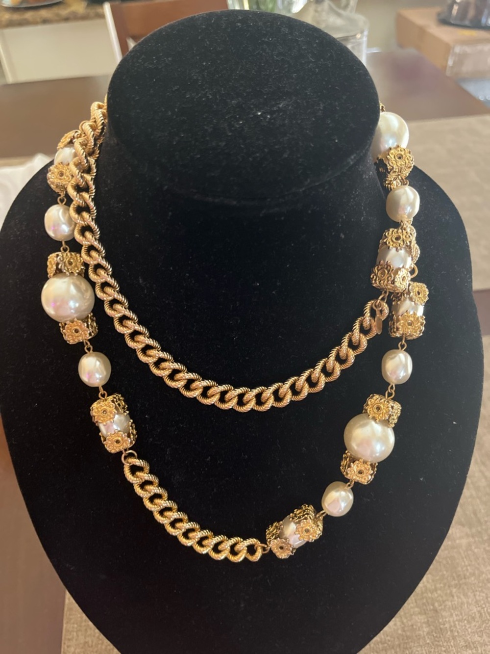 Lawrence Vrba Signed Faux Baroque Pearl Gold Tone Statement Rope Chain Necklace